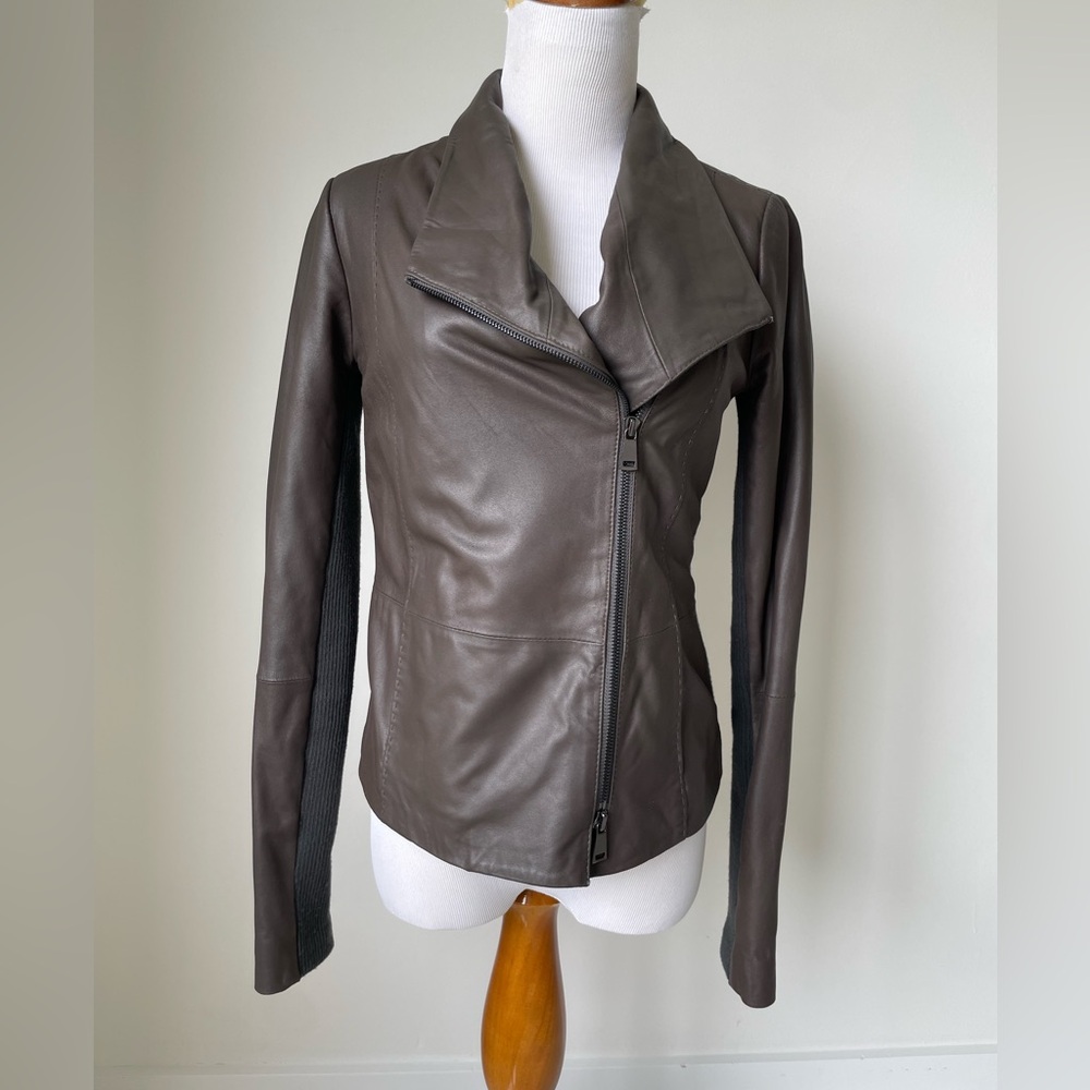 Vince Brown Leather Moto Jacket Sz S Asymmetrical Zip Knit Trim Fall Biker